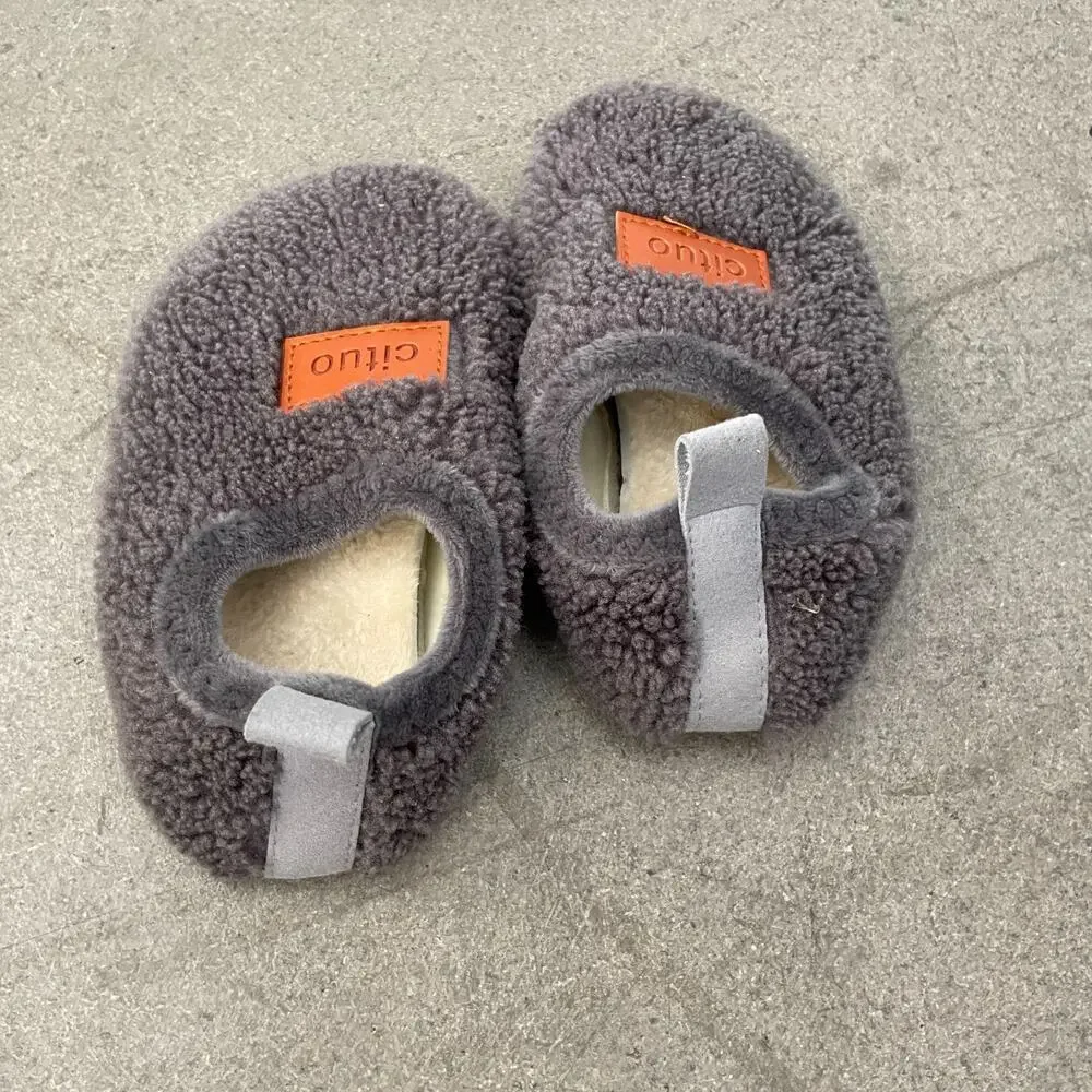 Cituo Toddler Slippers Size 24/25 Gray Sherpa Fleece House Shoes Non-Slip Cozy